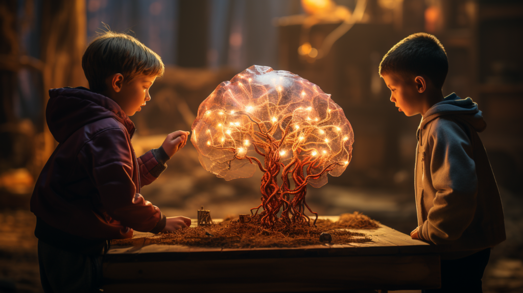 Boys looking at a brain tree